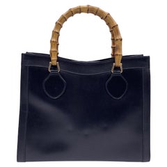 Vintage Gucci Black Smooth Leather Bamboo Princess Diana Tote Bag