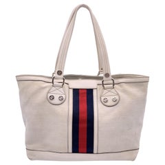 Used Gucci White Canvas Web Sunset Tote Shopping Shoulder Bag