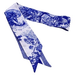 Christian Dior Blue White Silk Toile De Jouy Sauvage Twilly Scarf