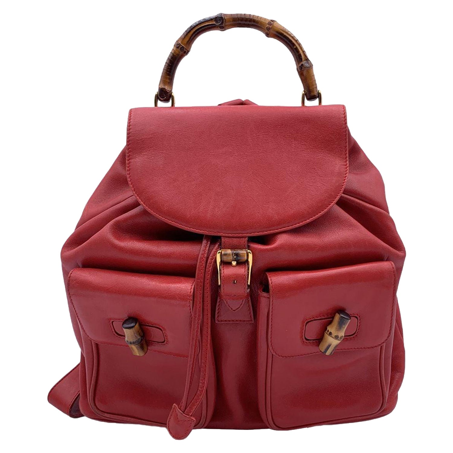 Gucci Vintage Red Leather Bamboo Backpack Shoulder Bag
