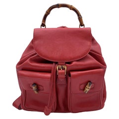 Gucci Retro Red Leather Bamboo Backpack Shoulder Bag