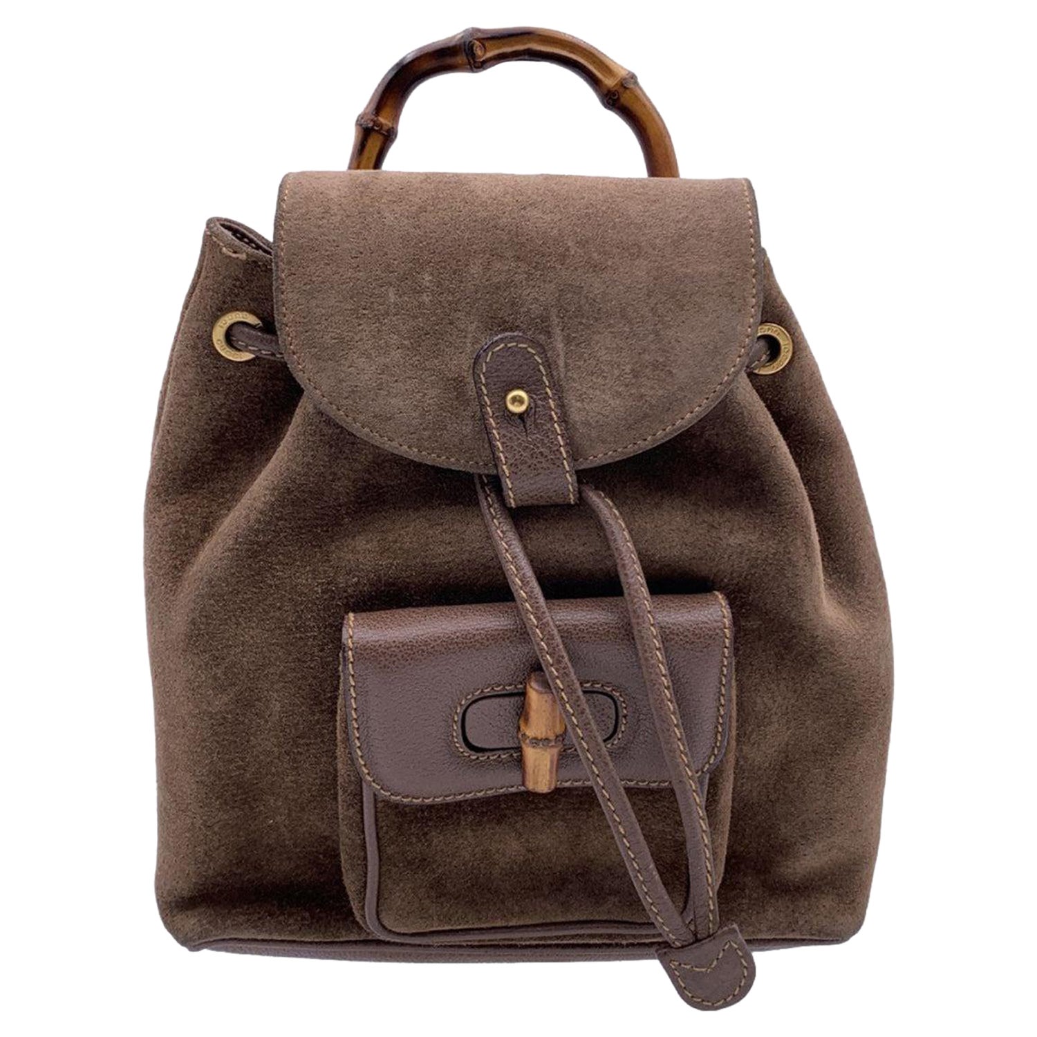 Gucci Vintage Brown Suede Bamboo Small Backpack Shoulder Bag en vente