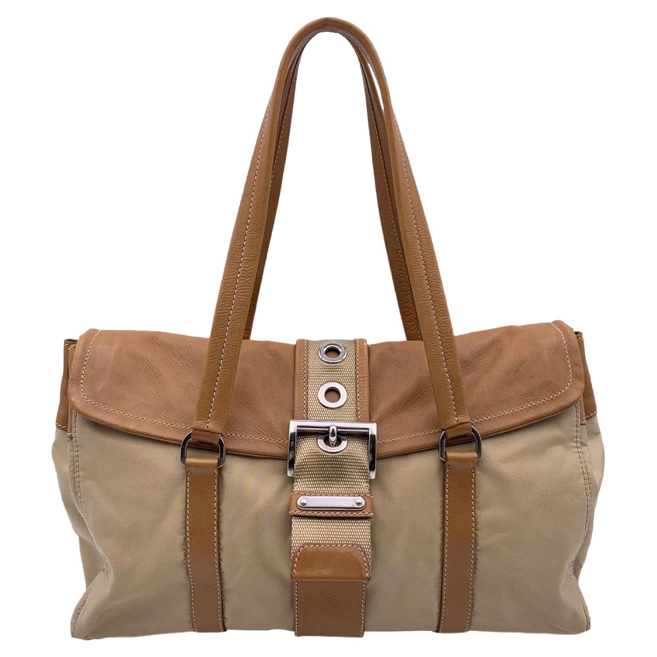 Prada Beige Tan Tessuto Canvas and Leather Buckle Tote Bag