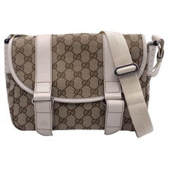 Gucci Beige Monogram Canvas White Leather Messenger Bag