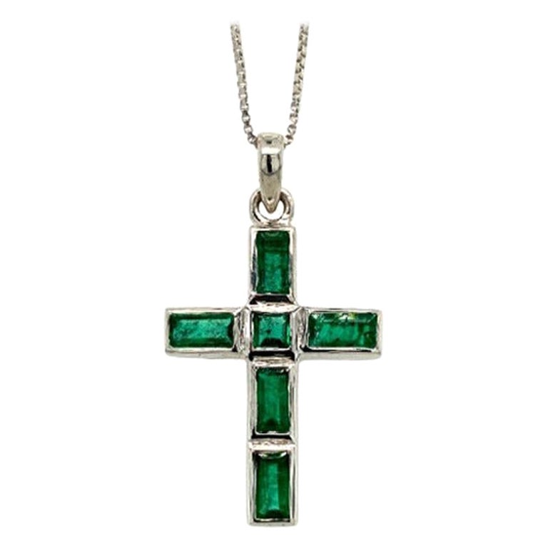 Natural Emerald Jesus Cross Pendant 925 Sterling Silver, Unisex Gifts For Sale