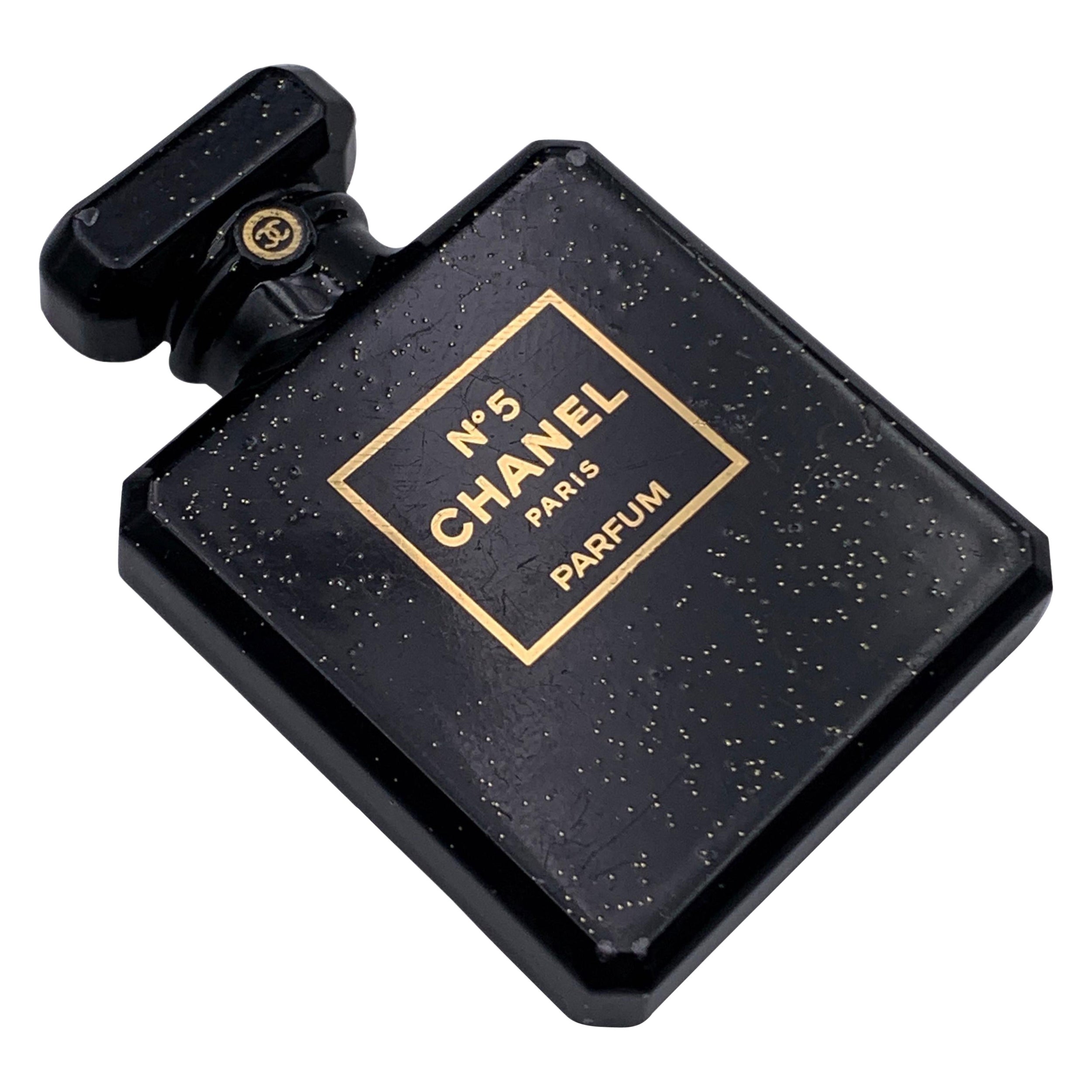 Chanel Black Gold Resin Glitter Chanel No. 5 Parfum Brooch Pin