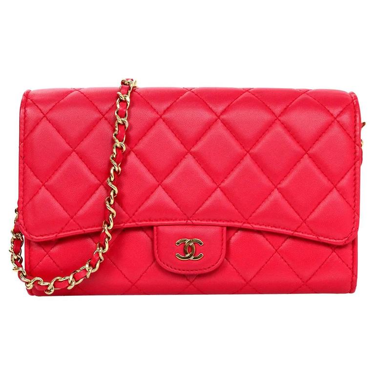 Chanel Red Quilted Lambskin Wallet with Detachable Chain Bag/ Clutch