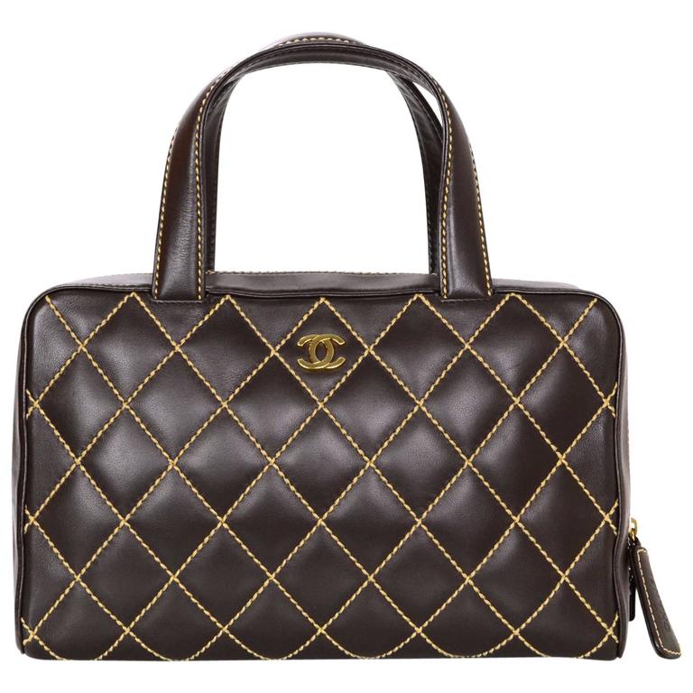 CHANEL Quilted Leather Surpique Bowler Bag Brown