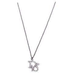 Christian Dior Silver Metal Crystals Oblique Logo Necklace