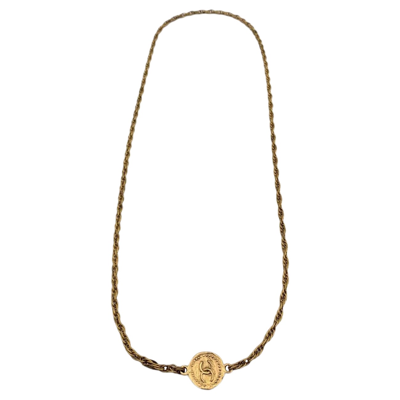Chanel Vintage 1970er Jahre Gold Metall Lange Medaillon Münze Halskette mit Medaillon