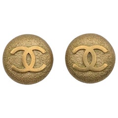 Chanel Vintage Gold Metal Round Embossed CC Logo Clip On Earrings