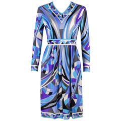 EMILIO PUCCI c.1960's Blue Signature Print V-neckline Long Sleeve Silk Dress 5