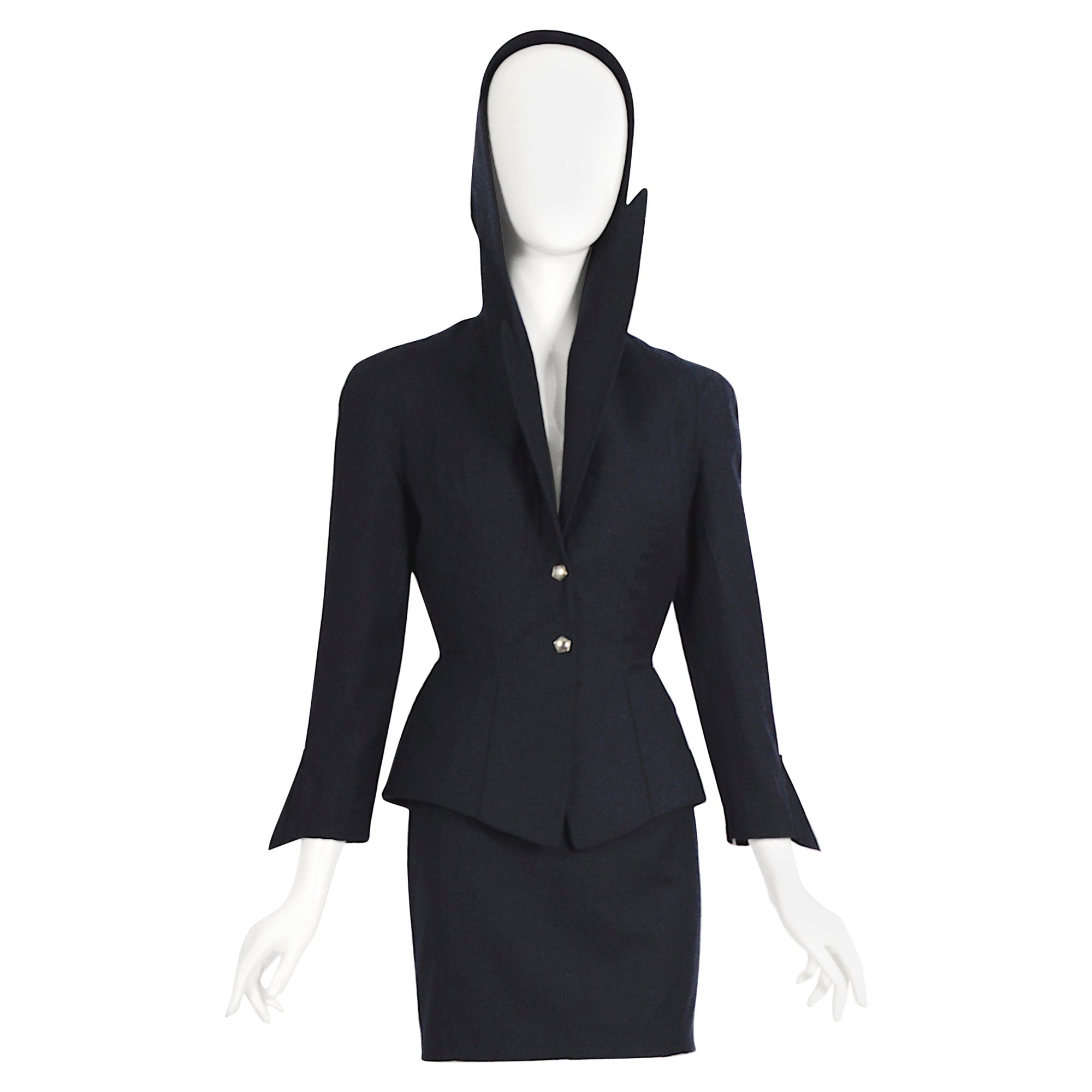 Thierry Mugler FW 1991 shiva collection blue wool hooded jacket & skirt set  For Sale