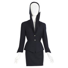 Thierry Mugler FW 1991 shiva collection blue wool hooded jacket & skirt set 