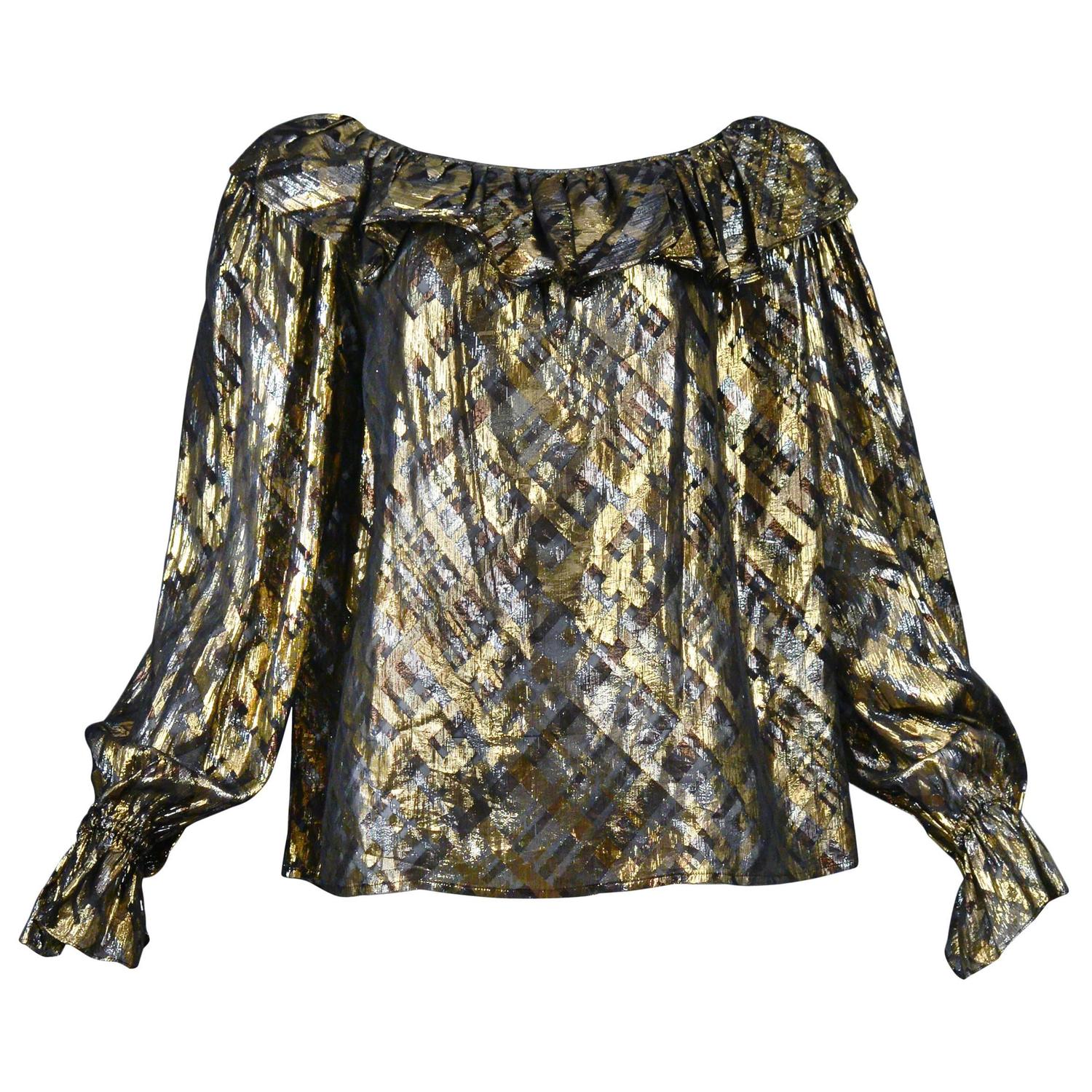 Yves Saint Laurent Gold Lame Plaid Ruffle Blouse For Sale at 1stdibs