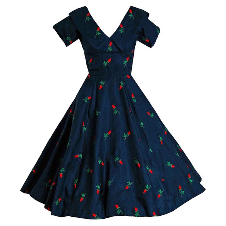 Vintage 1950's Embroidered Roses Navy Blue Silk Full Circle-Skirt New Look Dress