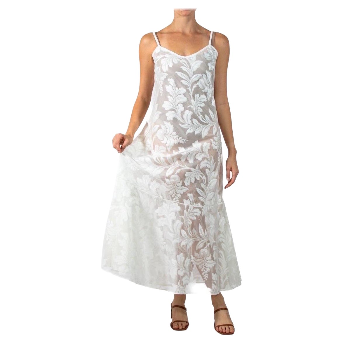 MORPHEW COLLECTION Weißes tropisches Kleid mit 70er-Jahre-Vintage-Vorhängen im Angebot