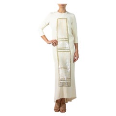 RALPH RUCCI Robe en faille de soie blanche perlée avec entièrement perlée de sequins au centre des années 1990