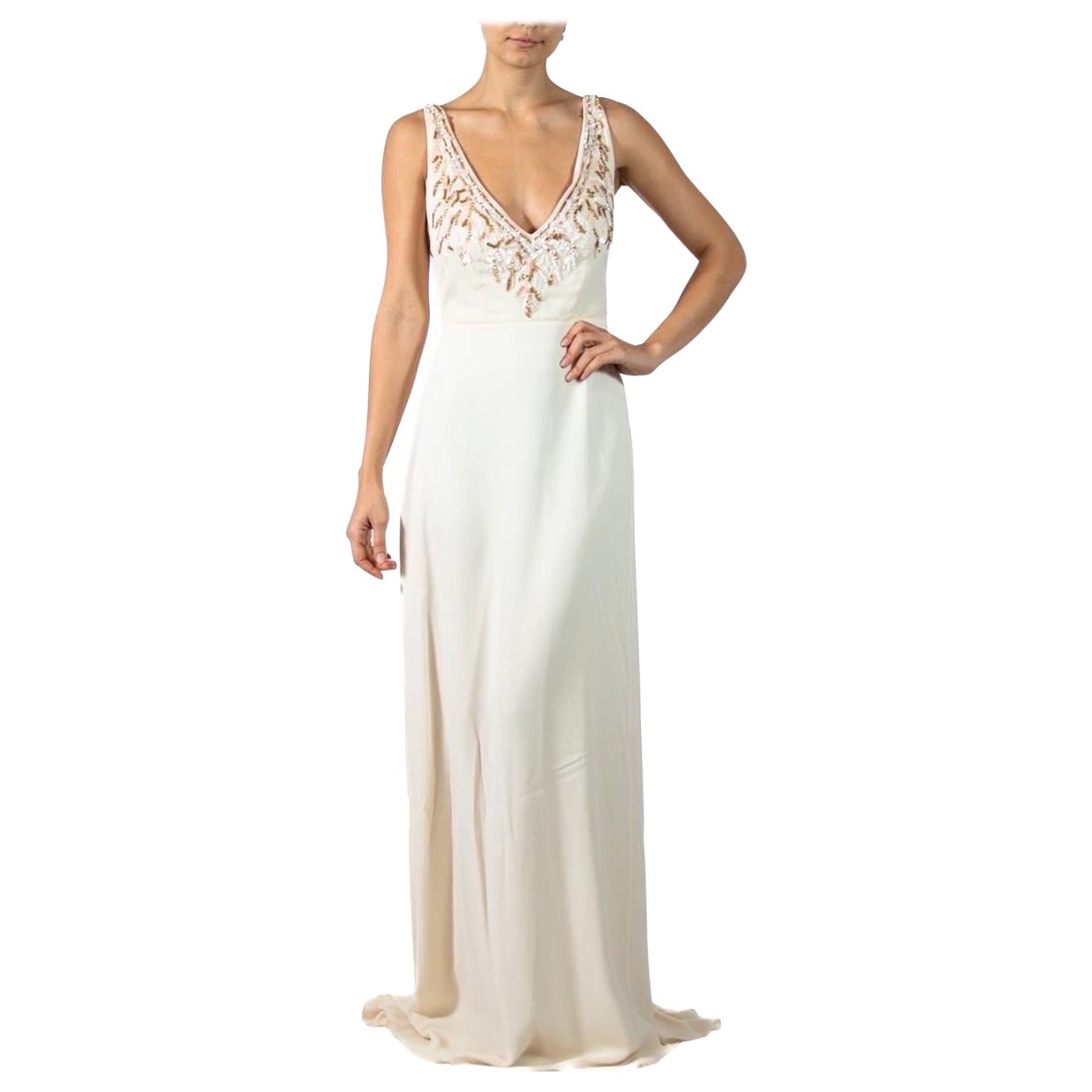 1990S Cream Silk Beaded Gown For Sale
