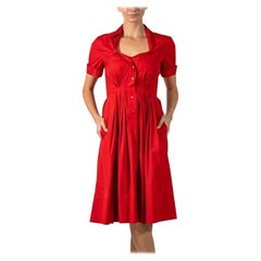 2000S GUCCI Brick Red Cotton Pleated Shirt Dress With Pockets