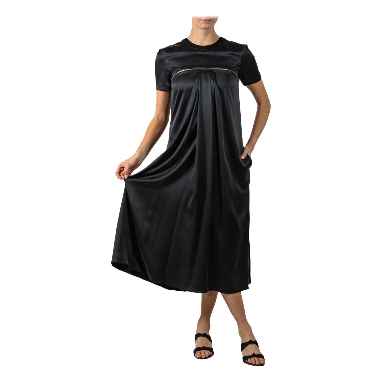 2000S BRANDON MAXWELL Black Silk Cocktail Dress With Gold Zipper Detail For Sale