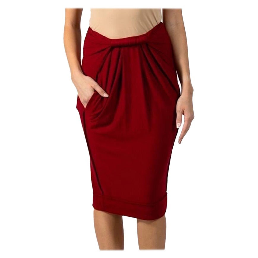 2000S DONNA KARAN Red Rayon & Wool Skirt With Twisted Waist Detail For Sale