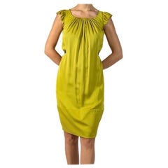 Used 2000S Valentino Green Silk Dress With Navy Blue Waist Belt