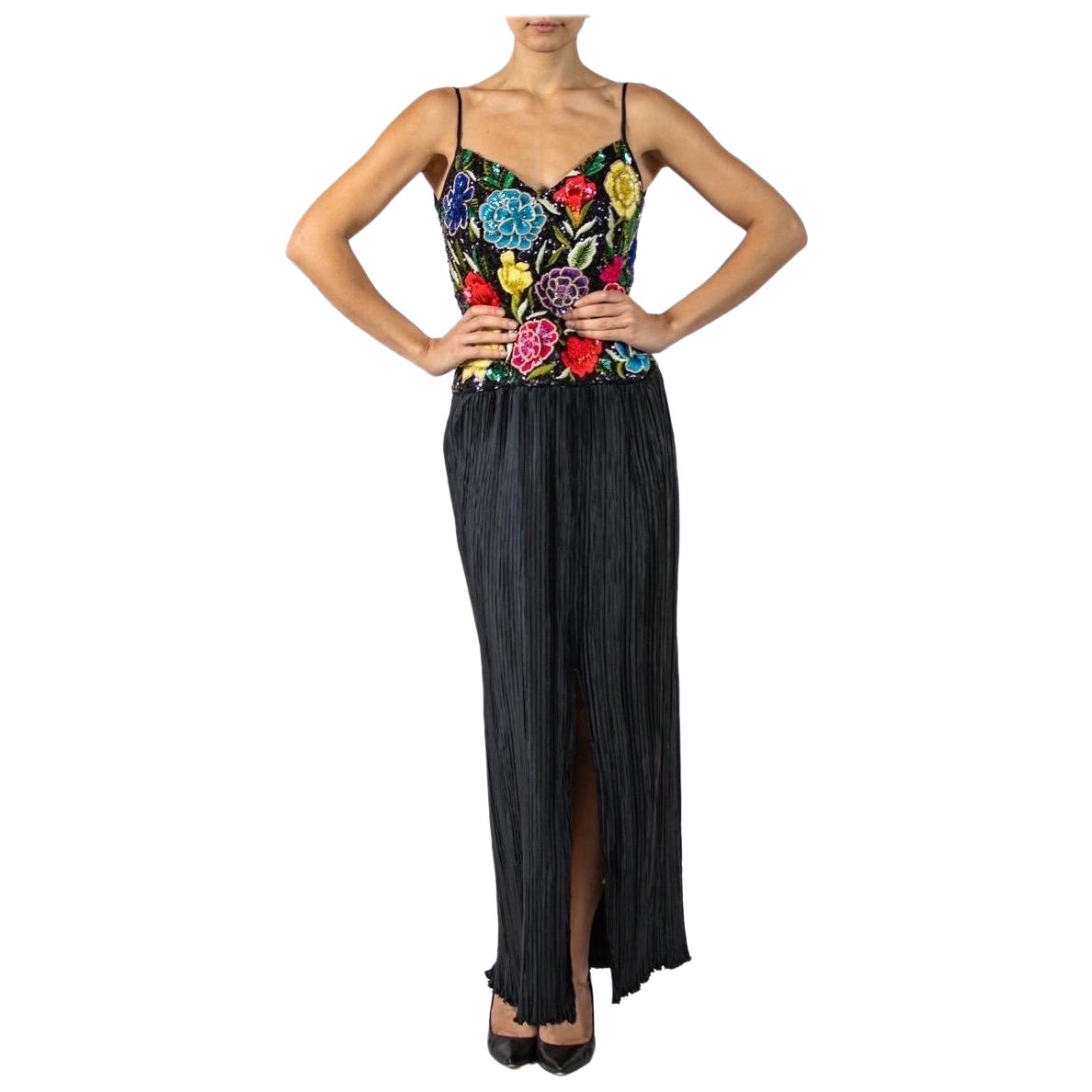 1980S RICHILENE Black Poly Blend Satin Gown With Lavishly Embroidered & Beaded  For Sale