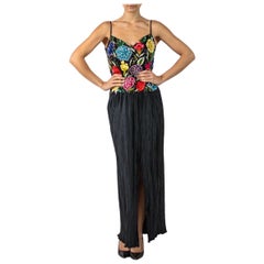 1980S RICHILENE Black Poly Blend Satin Gown With Lavishly Embroidered & Beaded 