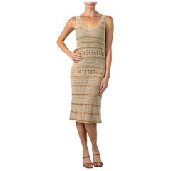 Retro 1990S ALBERTA FERRETTI Ecru Cotton Crochet Dress With Wood Beads