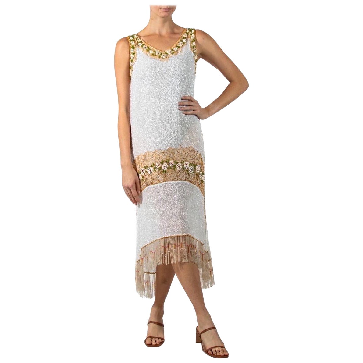 1920S White & Gold Cotton Beaded Flapper Cocktail Dress For Sale