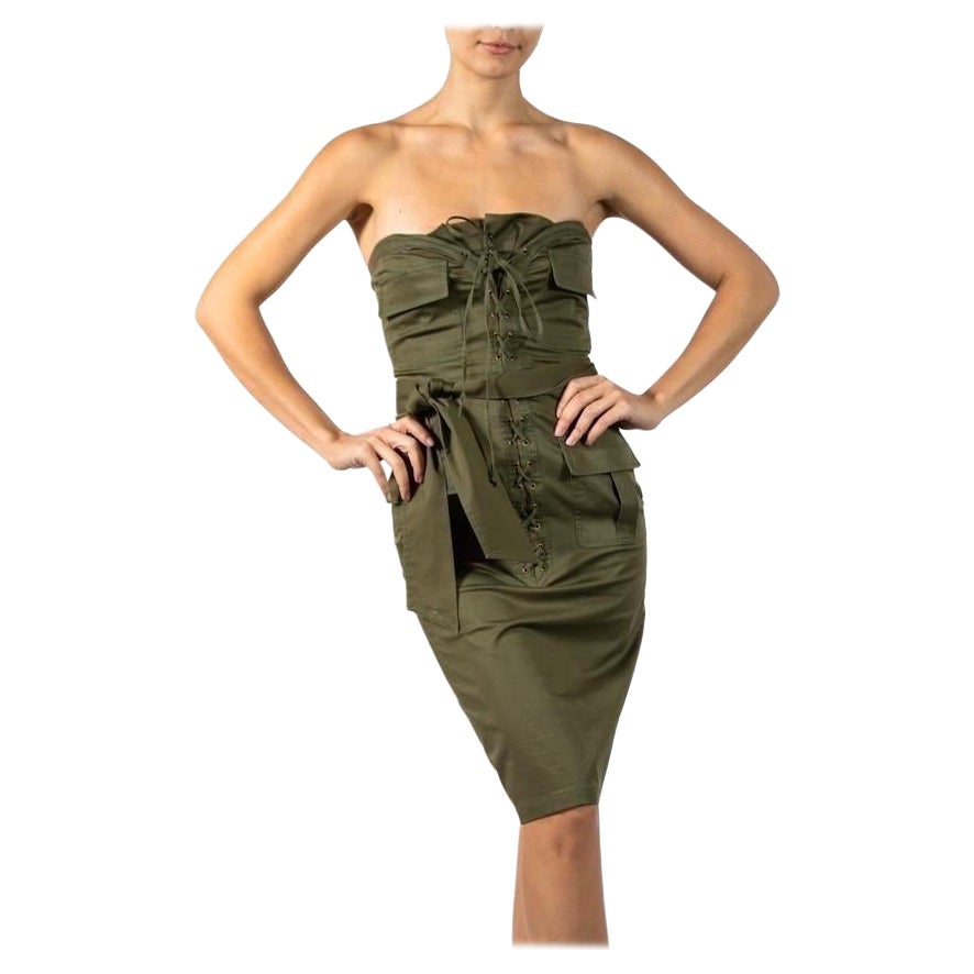 2000er TOM FORD YVES SAINT LAURENT Olivgrünes trägerloses Safari-Kleid aus Baumwolle/Lycra im Angebot