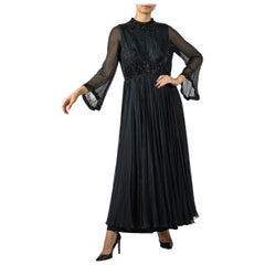Vintage 1960S Black Beaded Silk Chiffon Demi-Empire Waist Gown With Bell Sleeves