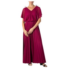 1970S Garnet Red Polyester Jersey Disco Gown With Lace Over Blouse