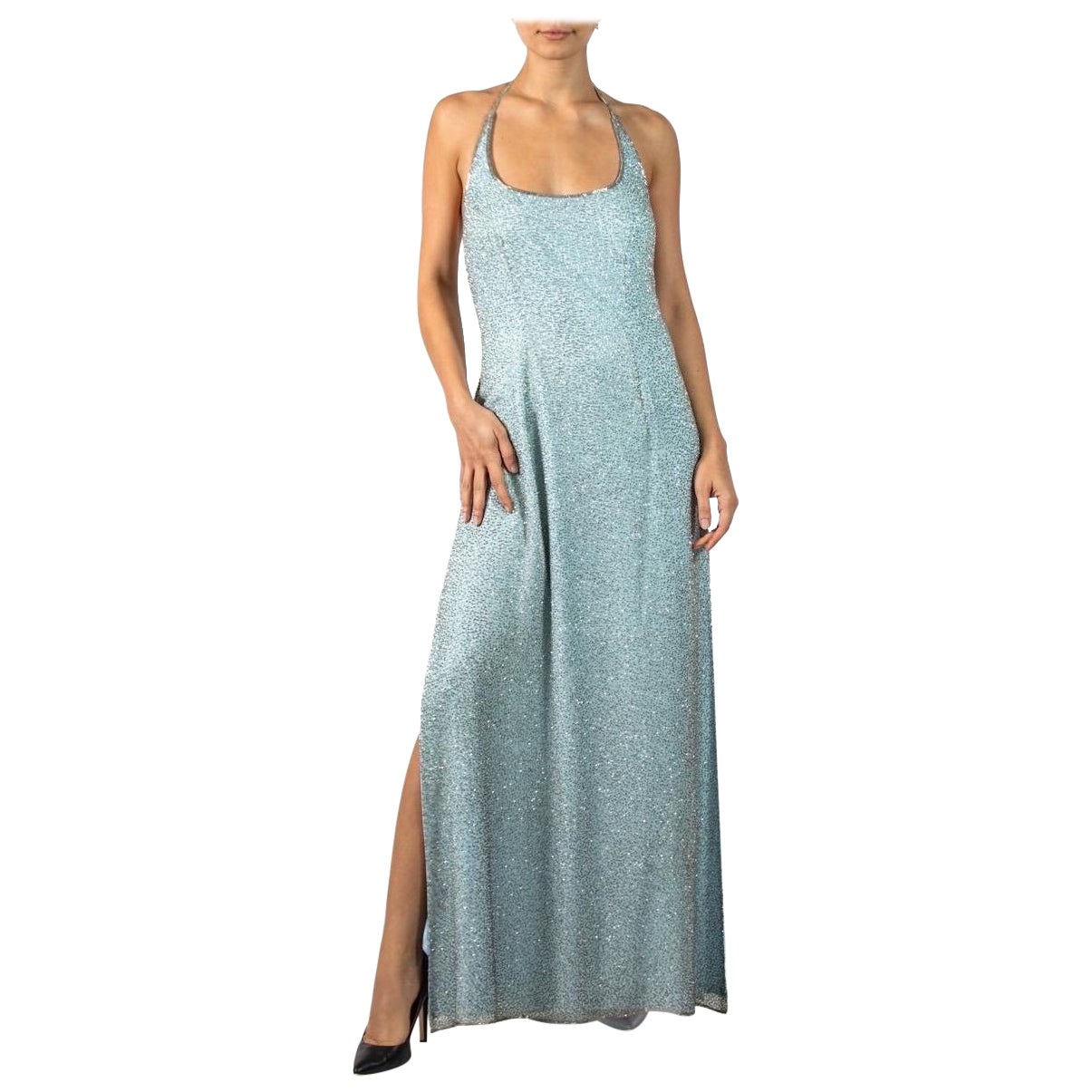 1980S Aqua Blue Pavé Beaded Silk Chiffon Gown With Slits For Sale