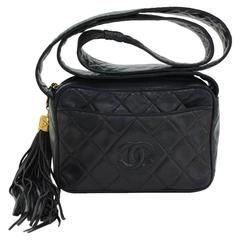 Vintage Chanel 7" Black Quilted Leather Fringe Shoulder Pochette Bag