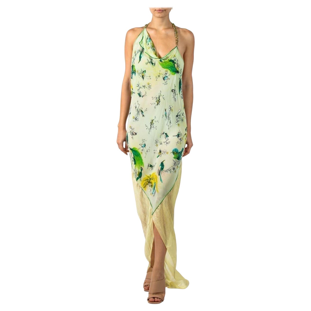 MORPHEW ATELIER Green & Yellow Tissue Silk Scarf Dress With Crystal Straps For Sale