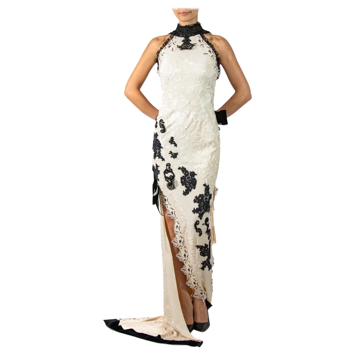 MORPHEW ATELIER Cream & Black Bias Cut Silk Fully Hand Embroidered Gown With Vi For Sale