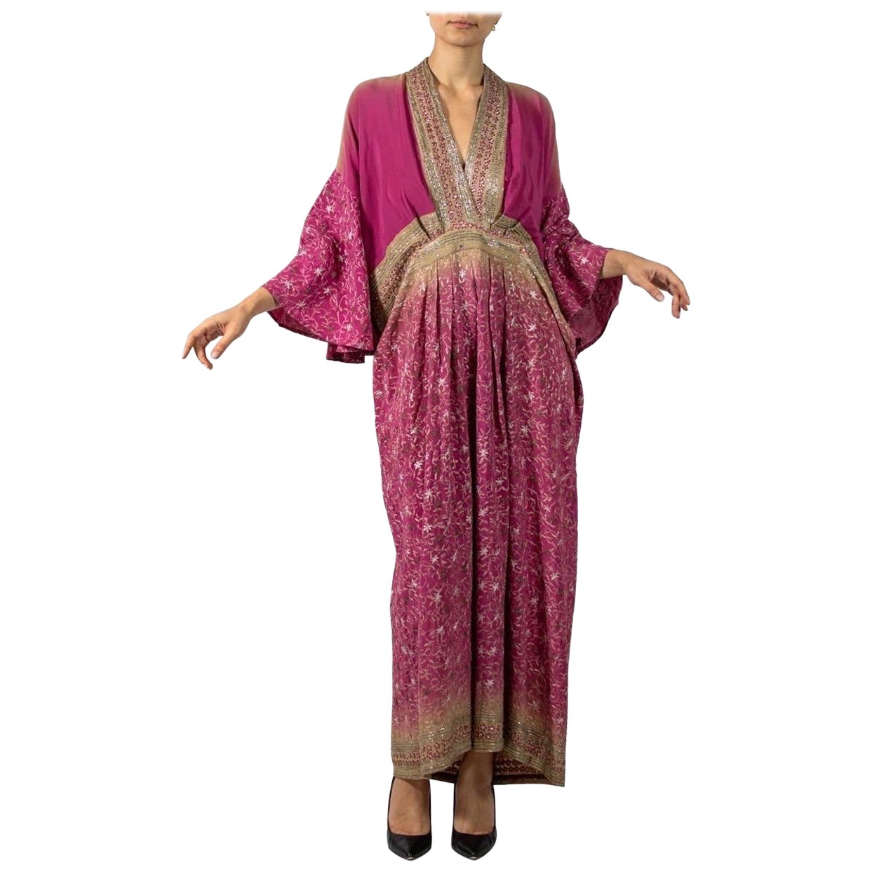 MORPHEW COLLECTION Magenta & Beige Indian Sari Silk Butterfly Sleeve Kaftan Dre For Sale