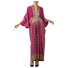 Used MORPHEW COLLECTION Magenta & Beige Indian Sari Silk Butterfly Sleeve Kaftan Dre