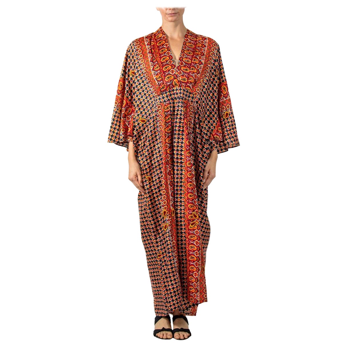 MORPHEW COLLECTION Orange & Black Indian Block Printed Silk Butterfly Sleeve Ka For Sale