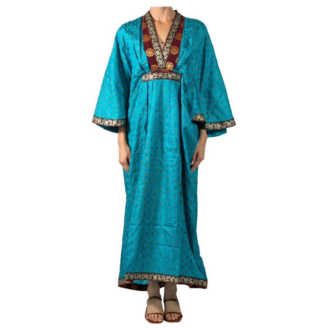 Morphew Collection Azure Blue & Gold Indian Sari Silk Butterfly Sleeve Kaftan D For Sale
