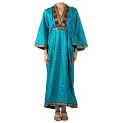 Used Morphew Collection Azure Blue & Gold Indian Sari Silk Butterfly Sleeve Kaftan D