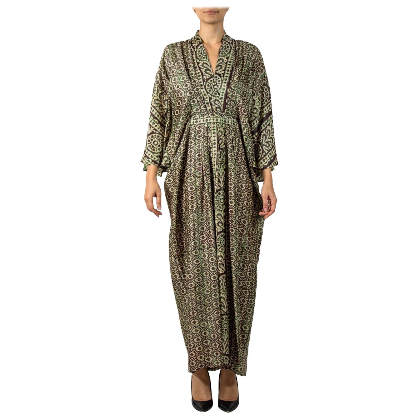 MORPHEW COLLECTION Brown & Green Indian Block Printed Silk Butterfly Sleeve Kaf