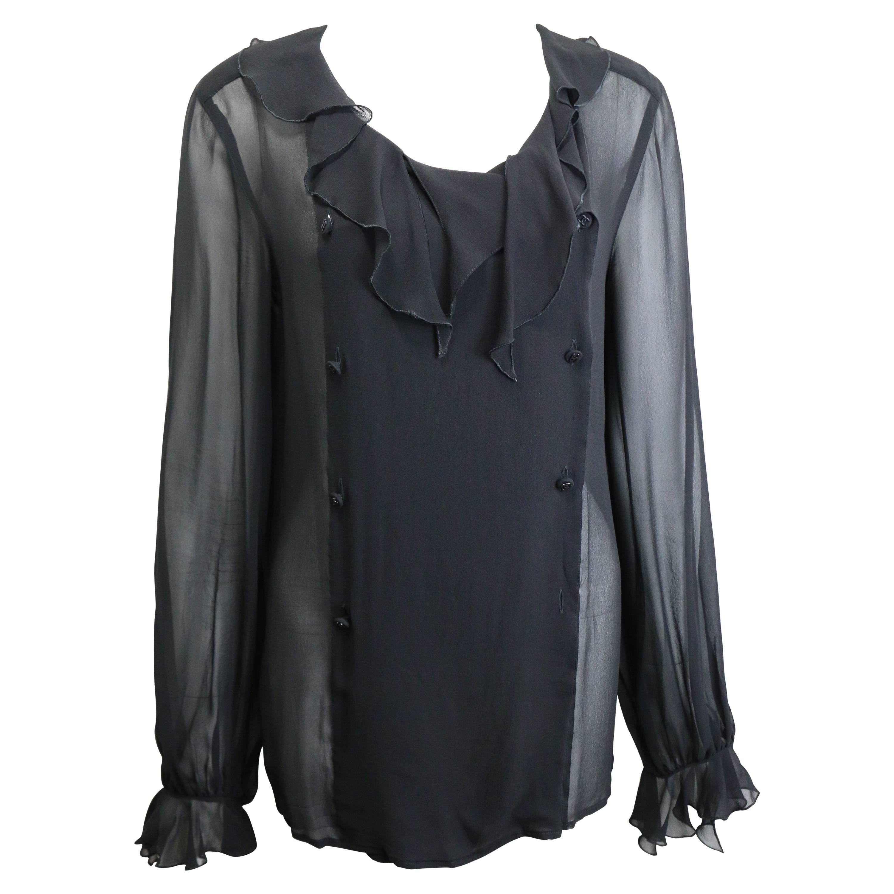 97 Chanel Black Silk Lace Double Breasted Ruffle Blouse  For Sale