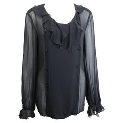 97 Chanel Black Silk Lace Double Breasted Ruffle Blouse