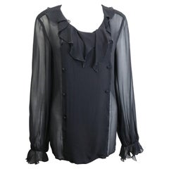 97 Chanel Black Silk Lace Double Breasted Ruffle Blouse 