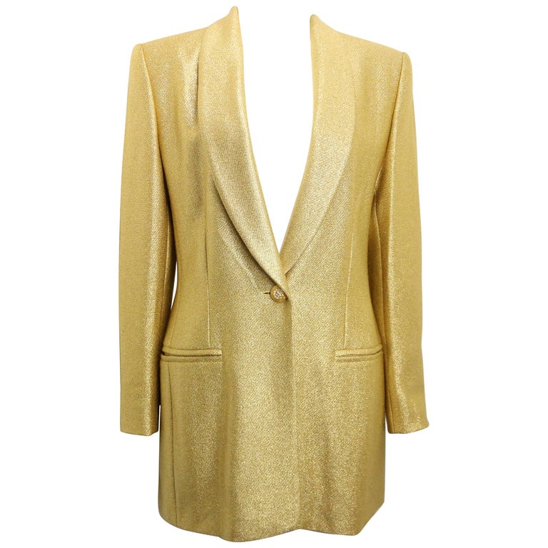 Vintage 80s Escada Couture Gold Toned Metallic Shinny Shawl Blazer  For Sale