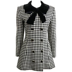 Vintage Angelo Tarlazzi Double Breasted Black and White Harlequin Check Coat With Bow 