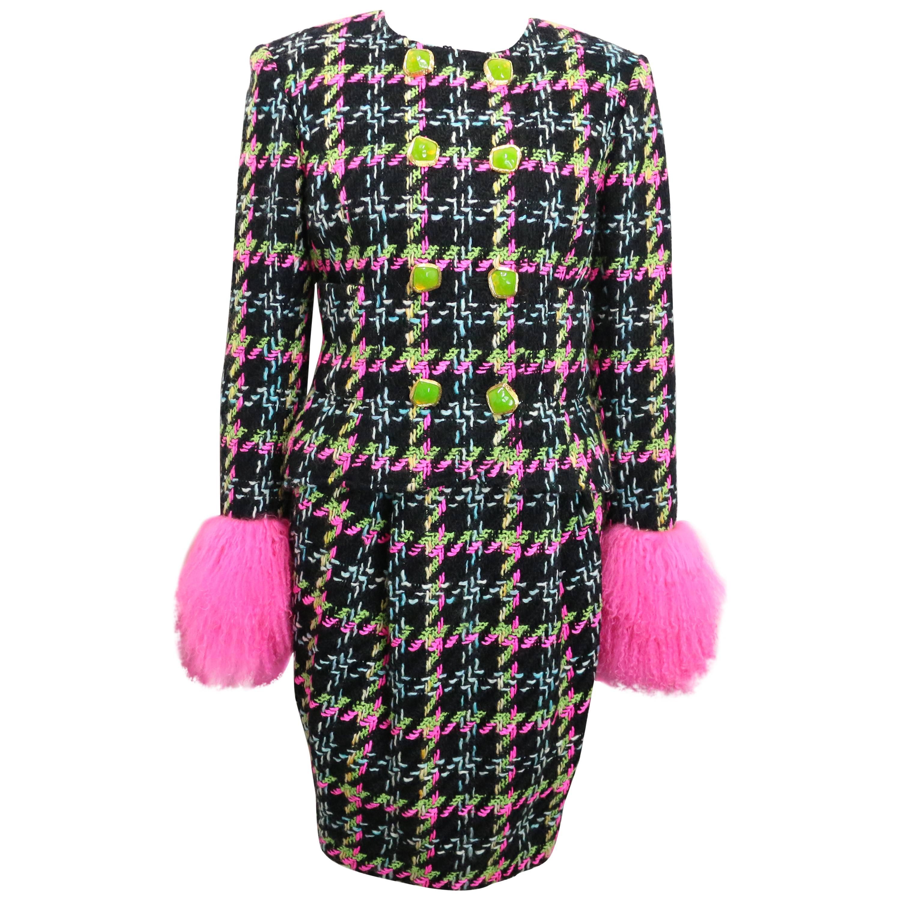 Christian Lacroix Double Breasted Houndstooth Tweed Wool Suit and Skirt Ensemble For Sale